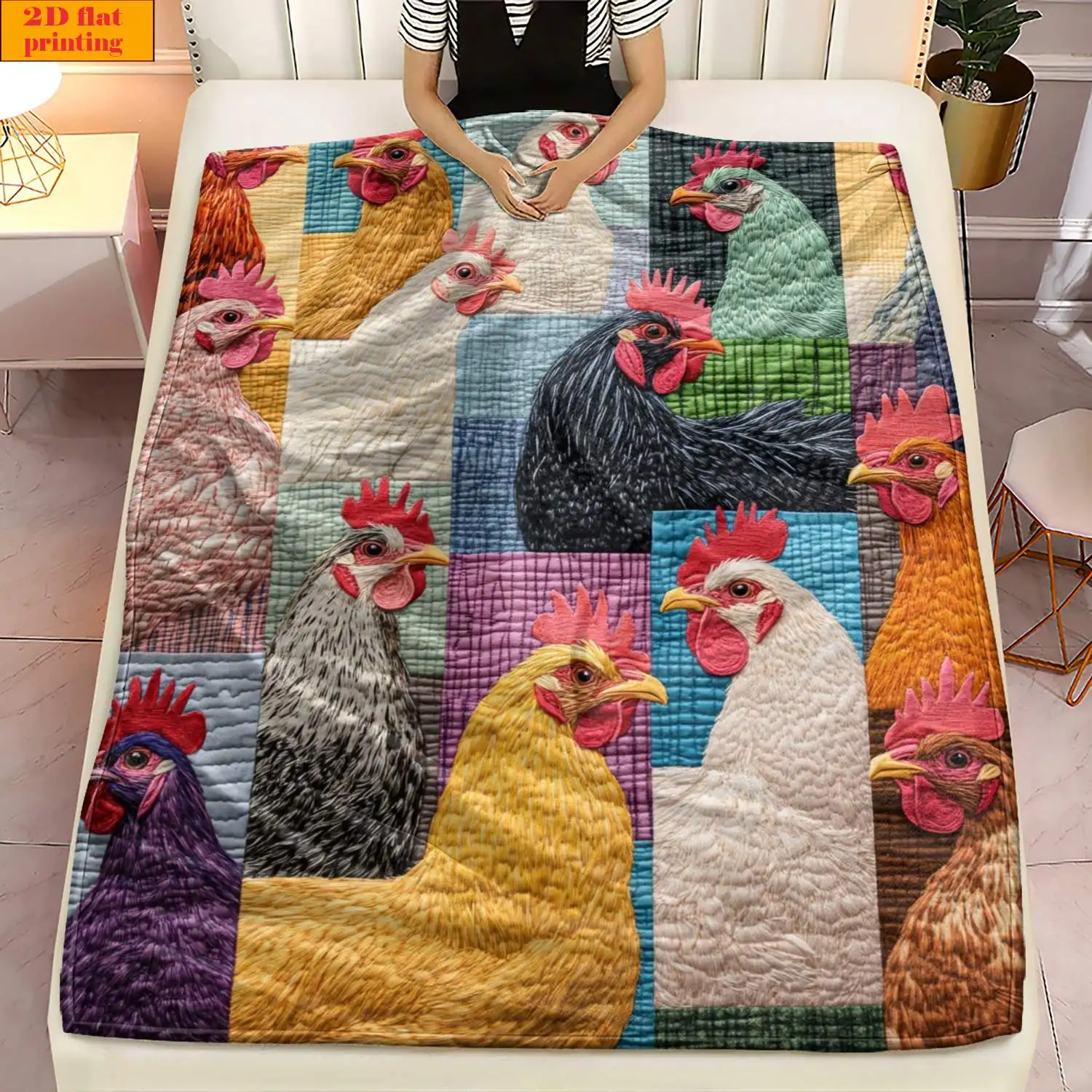 Bright Mixed Color Chicken Head Patchwork Quilt Grid Rustic Farm Fluffy Blanket Soft Warm Cover For Couch Office Picnic Country