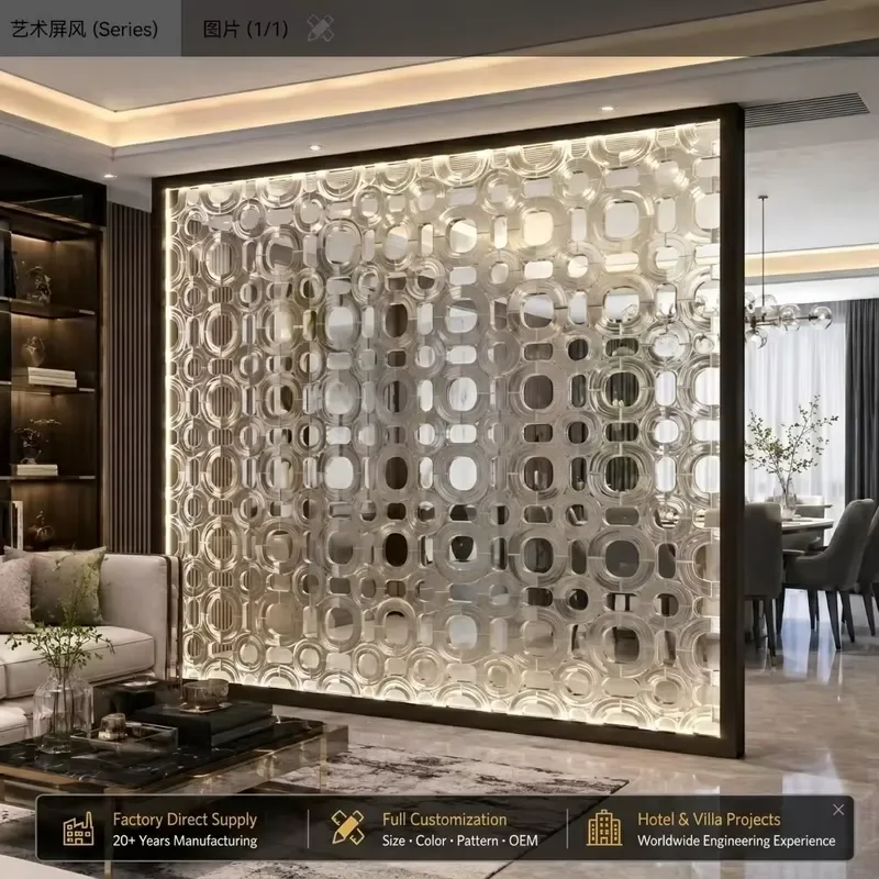 Custom Hammered Glass Stainless Steel Partition Screen for Hotel Villa Interior Projects