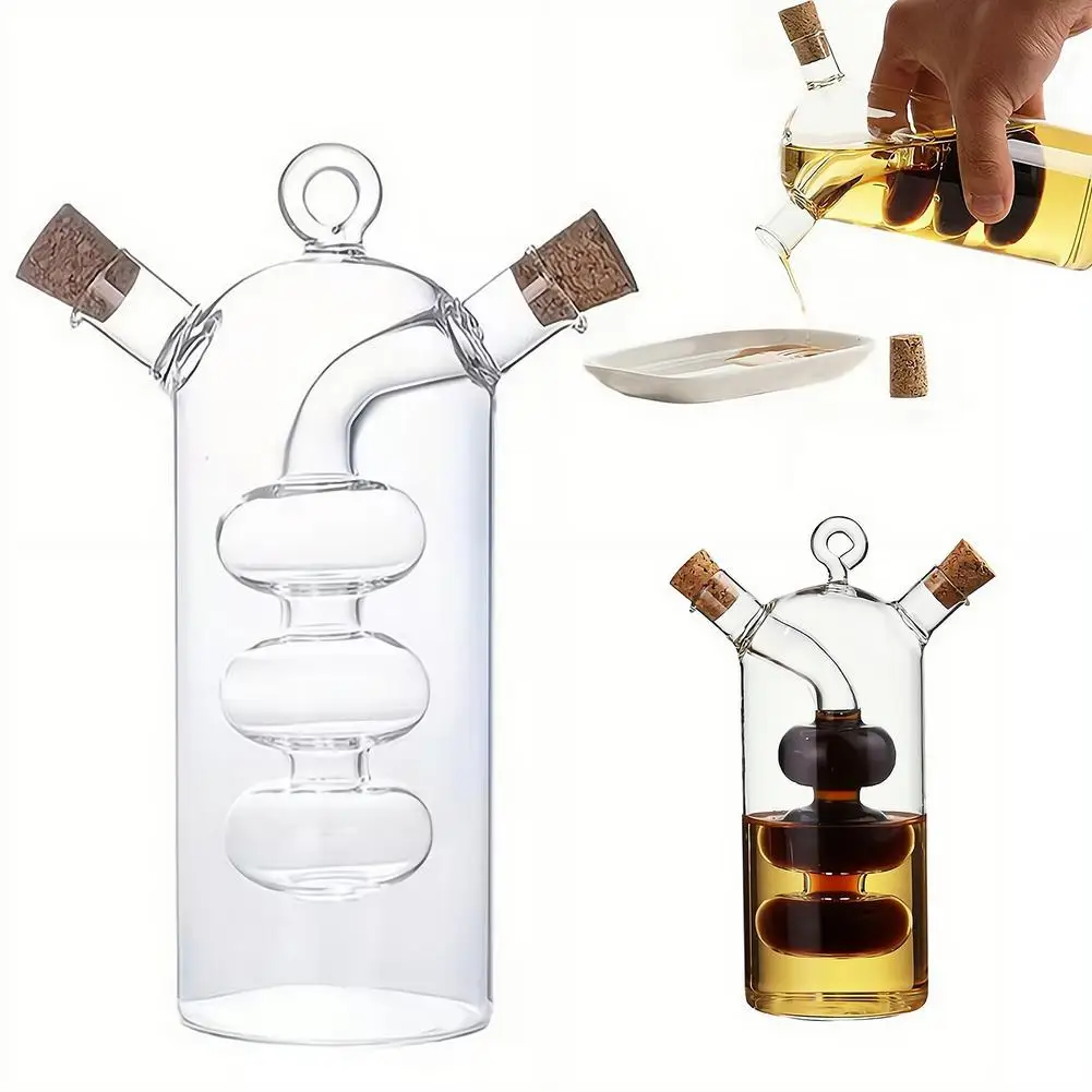 2-in-1 Glass Oil Vinegar Dispenser, Creative 3-Chamber Bottle for Soy Sauce & Vinegar, Kitchen Condiment Jar