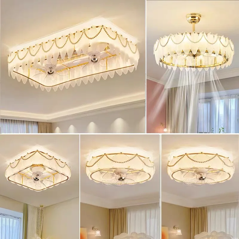 

Silent Bedroom Dining Room Oscillating Fan Lamp French Luxury Cream Style Chandelier For Living Room Showroom Ceiling Fans light