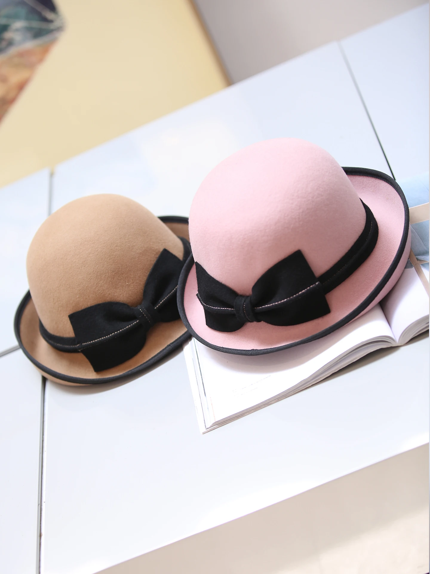 pink-woolen-bow-tie-women's-hat-elegant-korean-style-round-top-hat-with-curl-high-quality-warmth-fashionable-cap-for-women