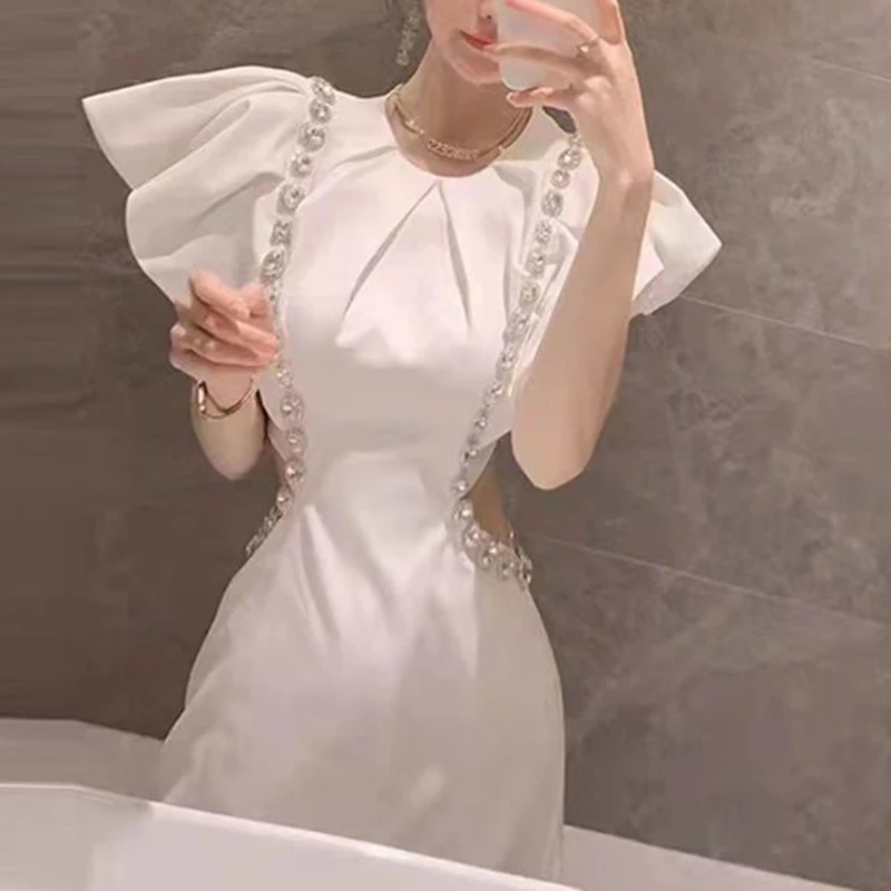 2023 summer new round neck bubble sleeve nail drill waist show thin A-line dress women vestidos de mujer summer dress women