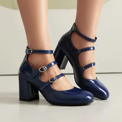 Pu High Heels Square Heel MARY JANES Square Toe Casual 2024 High Quality Ladies Shoes Buckle Strap Solid Fashion Pumps