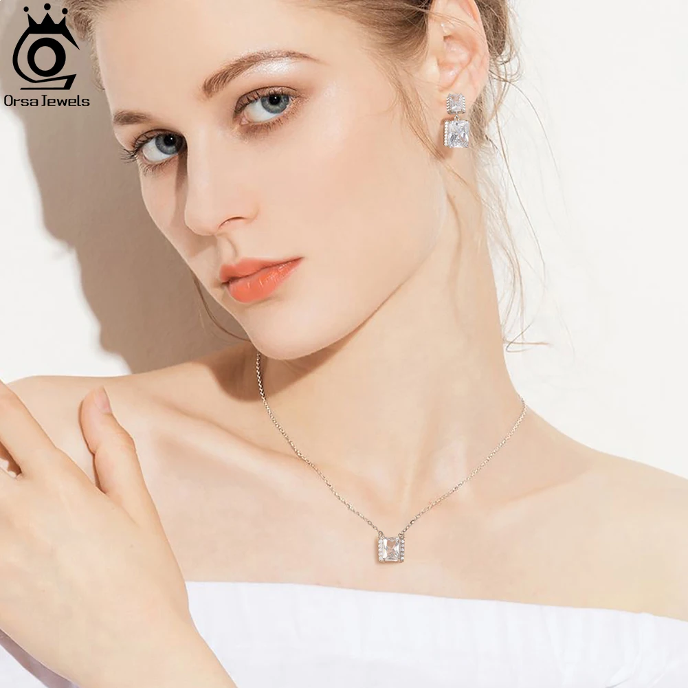 ORSA JEWELS Exquisite 925 Sterling Silver Luxury Emerald Cut AAAA Zirconia Stud Earrings for Women Shiny Wedding Jewelry SE377