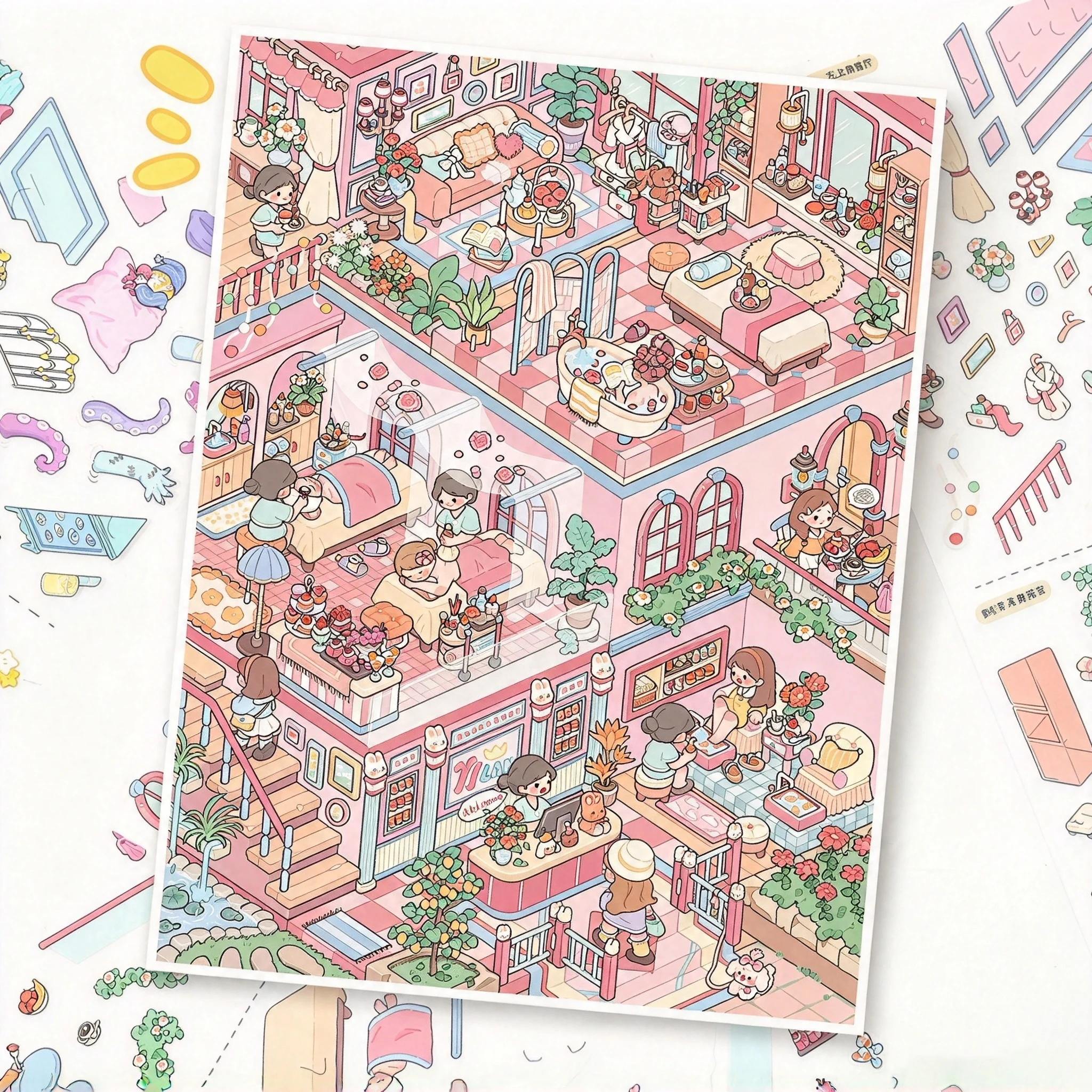 1. Colorful Isometric Fantasy World Deco Scene Stickers, Lovely Character & Rich Furniture PET Stickers for Diary Album Art Coll