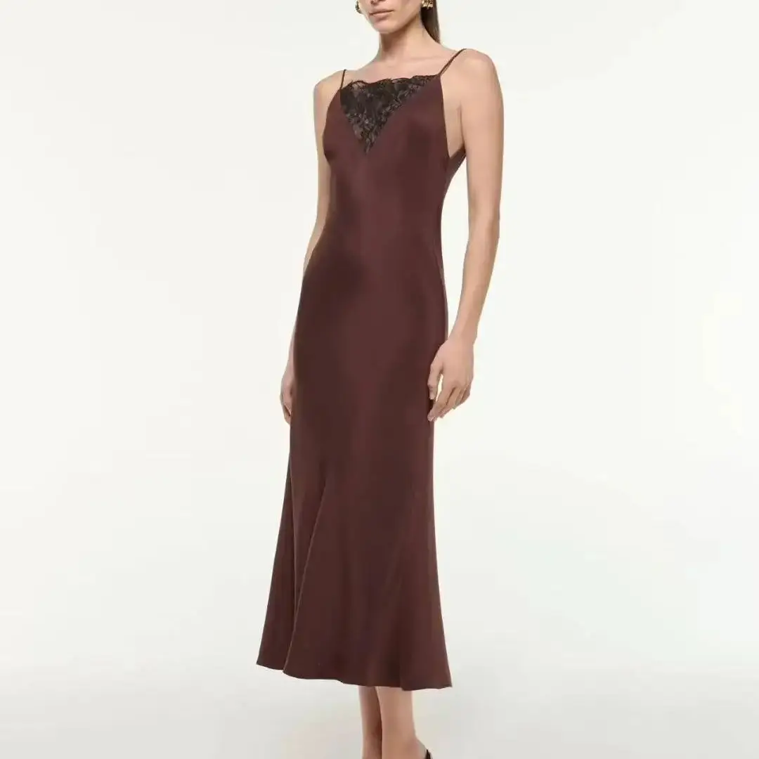 

Women Lace splicing Silk long dress Slim Fashion party maxi dress