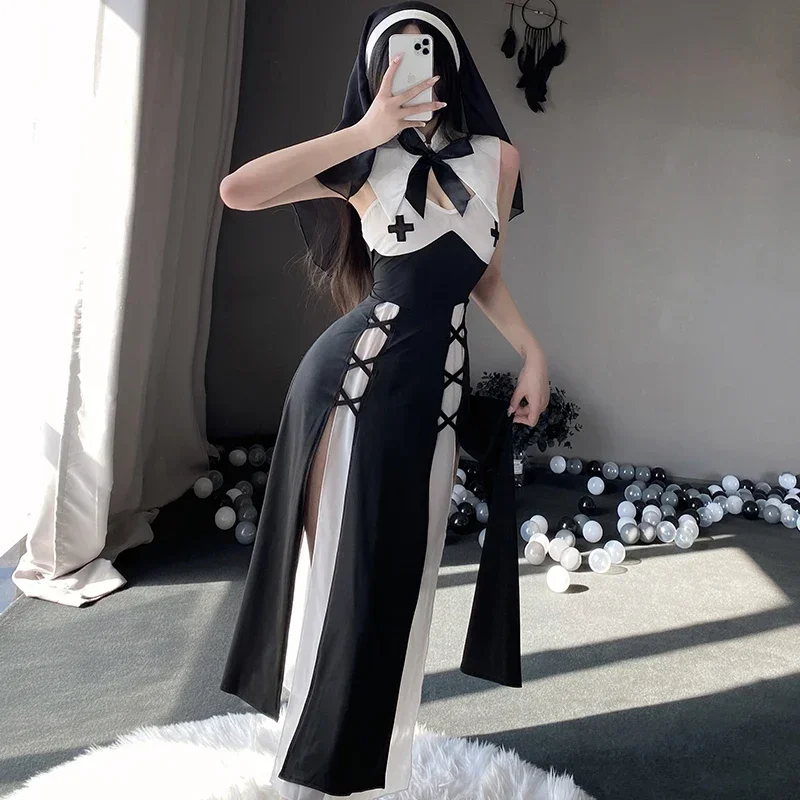 Historical Nun Cosplay Costume for Women Anime Sexy Maid Dresses Halloween Black White Nuns Exotic Sexy Lingerie