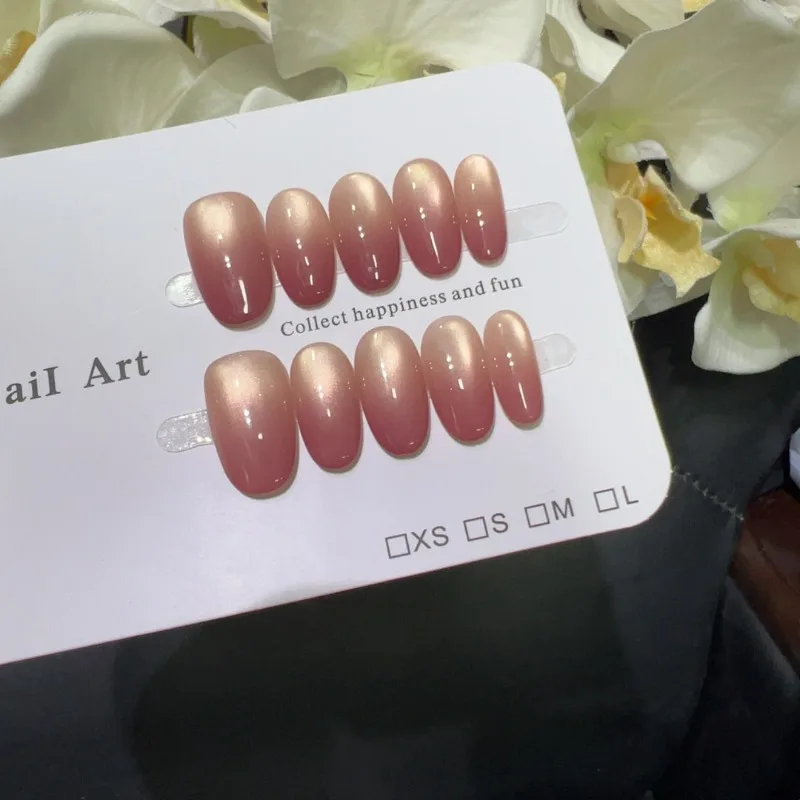 

10PCS Short Oval Handmade Press on Nails Simple Pink Cat Eye French Glossy False Nails Luxury Wearable Acrylic Fake Nail Fashion