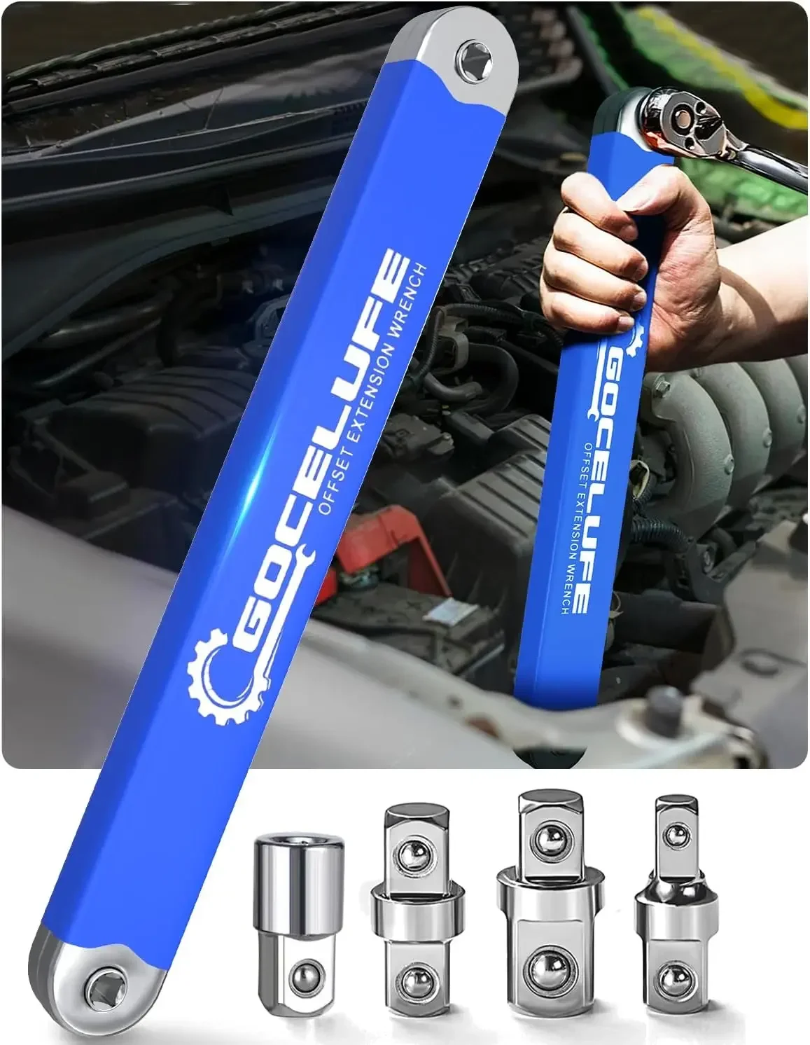 Offset Extension Wrench Shock - Tension Wrench Set with Universal Square Drive Adapter (1/4 , 3/8, 1/2 ) - Perfect for Small Spaces - Unique Tool Gift for Mechanic Dad (Blue)