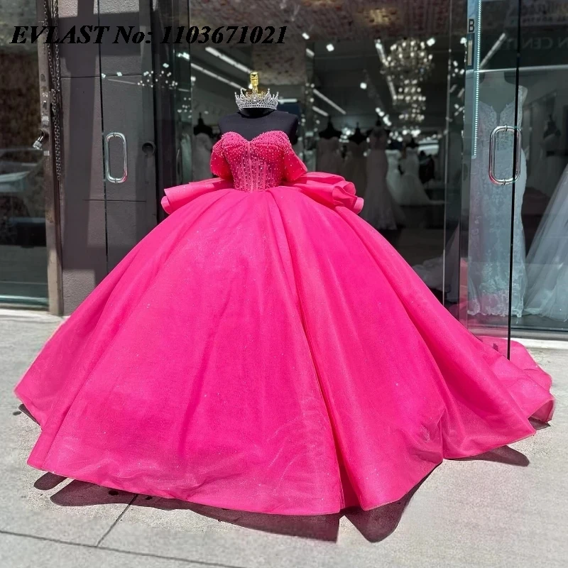 

EVLAST Rose Red Shiny Quinceanera Dress Off Shoulder Ball Gown Beaded Crystal With Bow Corset Sweet 16 Vestidos De 15 Anos SQ719