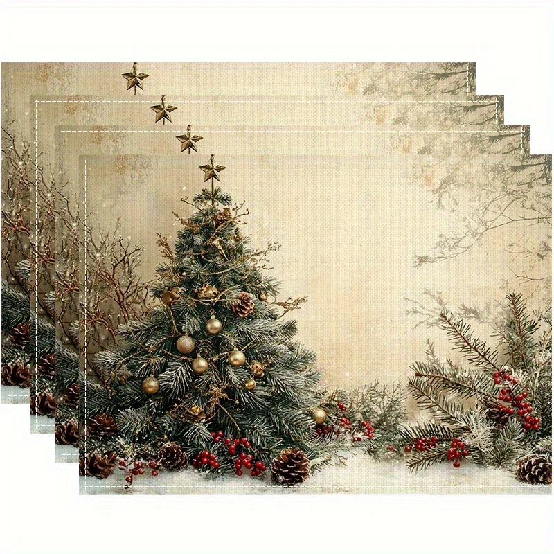 Plaid Christmas Tree Linen Placemats, Star Printed Table Mats, Xmas Farmhouse Dining Home Decoration