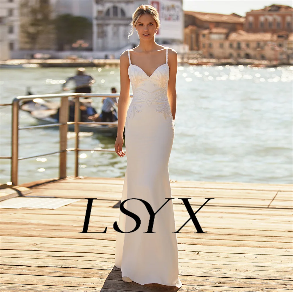 LSYX Sleeveless Spaghetti Straps V-Neck Lace Appliques Crepe Mermaid Wedding Dress For Women Open Back Floor Length Bridal Gown