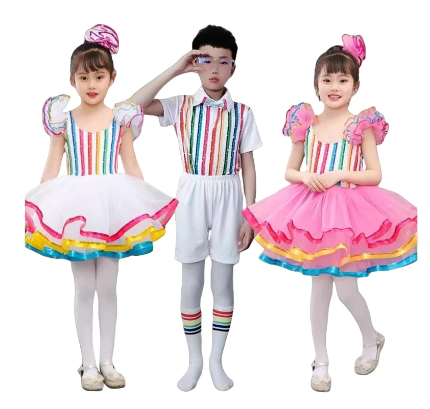 Kids Ballroom Clothing Sequined Modern Dance Tutu Dress Girls Jazz Dance Dresses For Prom Stage Wear Wedding Princess Dress