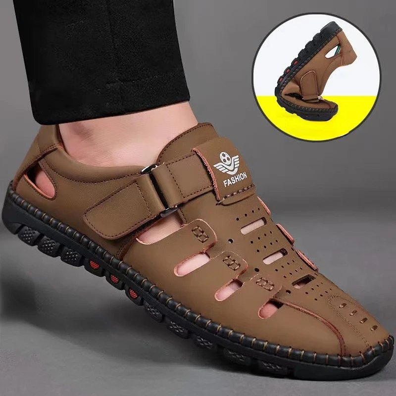 Mens Summer Sandals for Beach Leather Hollow Soft Sandals Non Slip Closed Toe Breathable Quick Drying Hole Shoes sandals for men