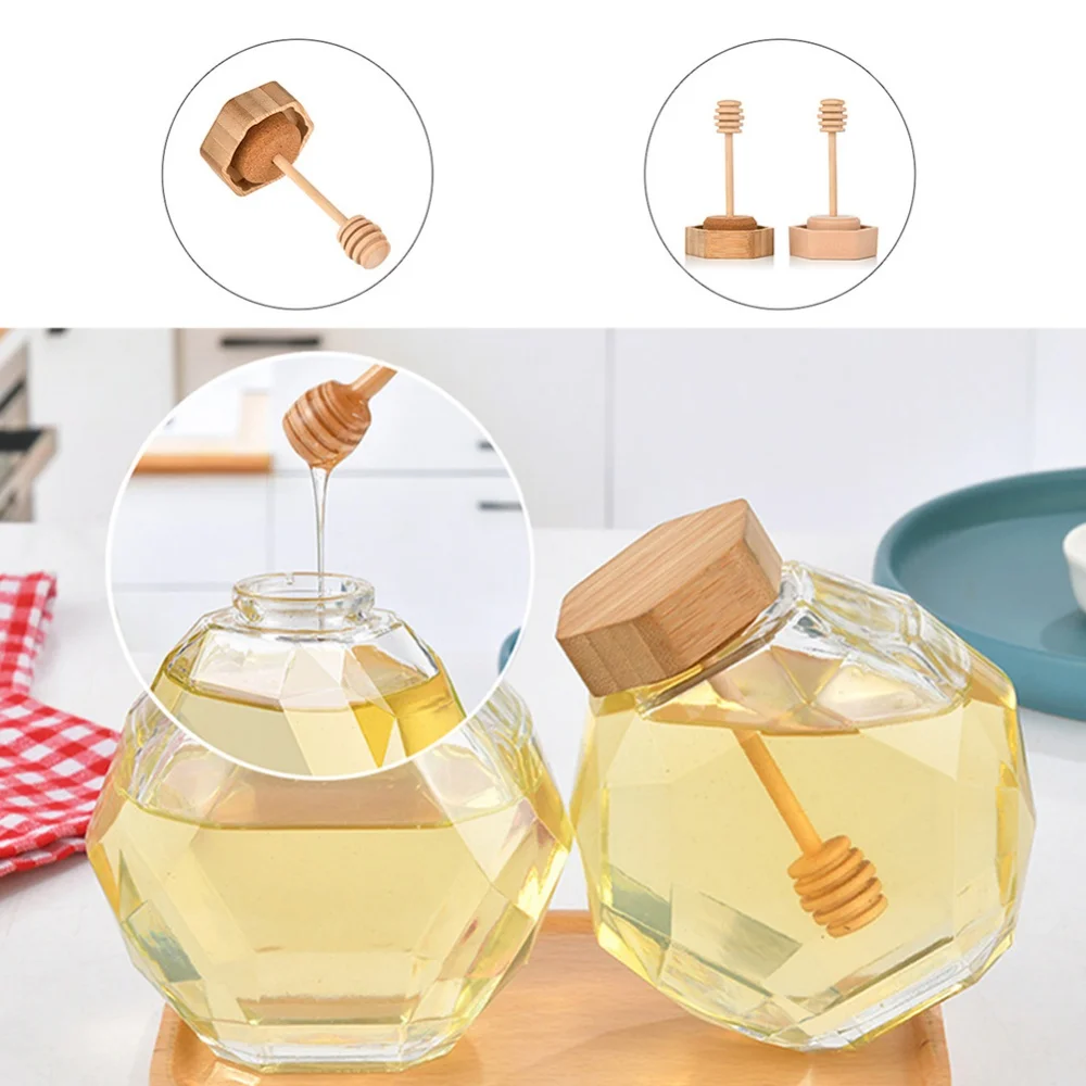 200/380ml Hexagon Glass Honey Bottle Kitchen Household Stirring Rod Creative Honey Container With Wood Lid Honey Tank Jar