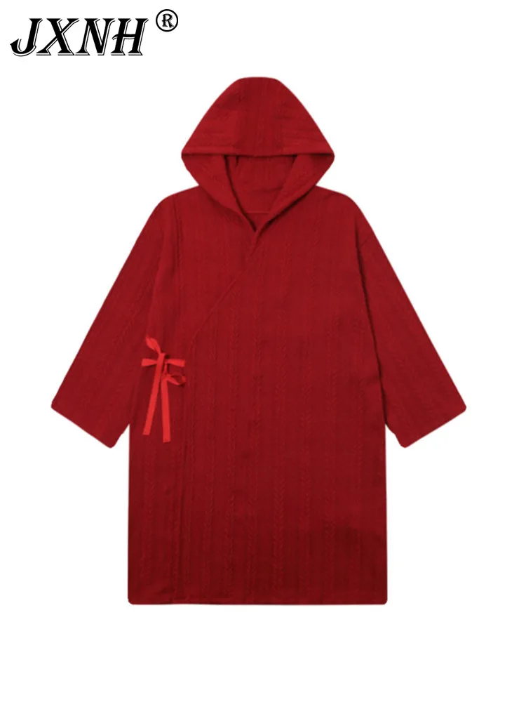 

Retro Red Simple Hooded Knitted Medium To Long Size 2024 Spring And Autumn New Women's Flesh Covering Cloak Coat