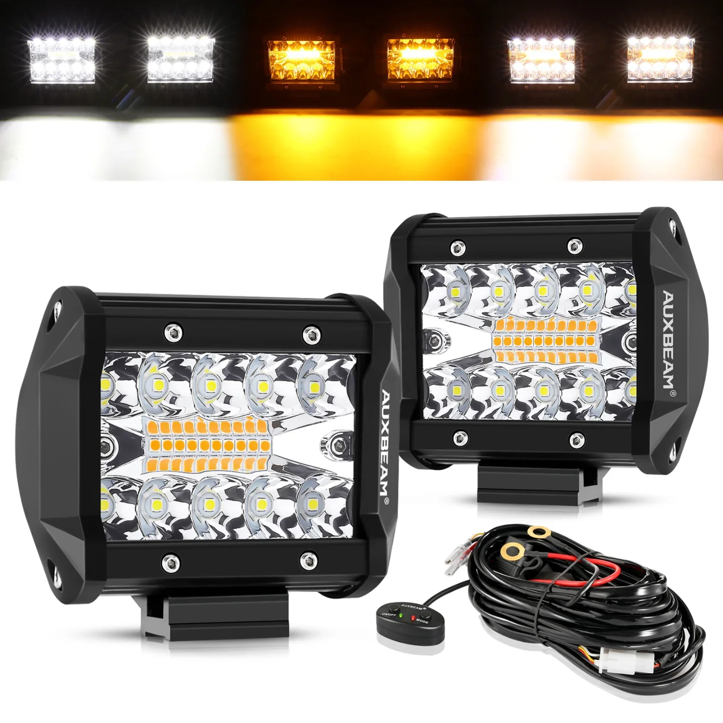 AUXBEAM 2/4pcs 4 Inch Cube Light Pods Square LED Work Lights Amber White LED Spot Light 6 Lighting Modes Driving Lamps