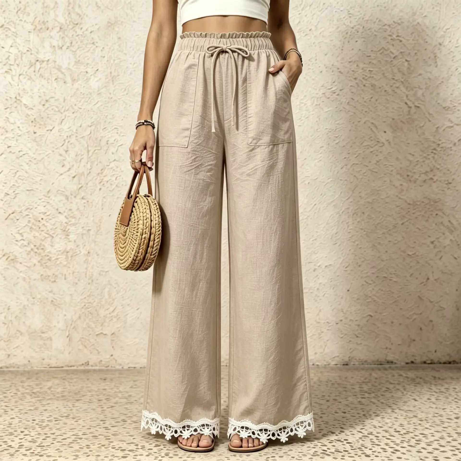 High Waist Drawstring Patch Pocket Lace Splicing Wide Leg Pants Loose Casual Long Trousers Women Summer 2026 Cross-Border
