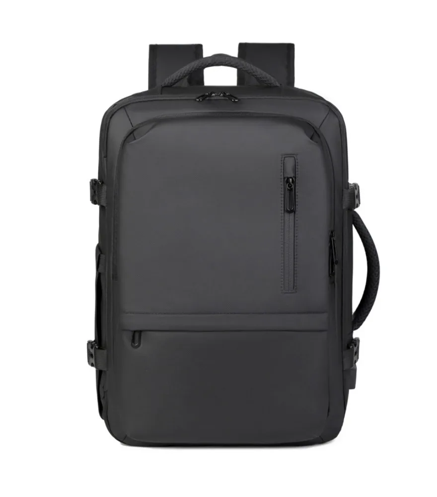 Black expandable travel backpack multi compartment design adjustable compression straps hidden anti theft pocket durable