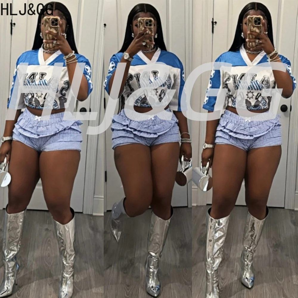 

HLJ&GG Fashion Y2K Jersey Sets Two Piece Women V Neck Letter Print Loose Tshirts And Plaid Ruffle Shorts Outfit Trend Streetwear