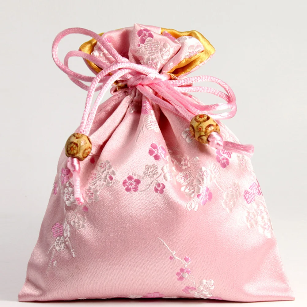 

5pcs Plum Blossom Brocade Jewelry Pouches Gold Thread Embroidery Dustproof Drawstring Gift Bag For Jewelry Cosmetics Snacks Red