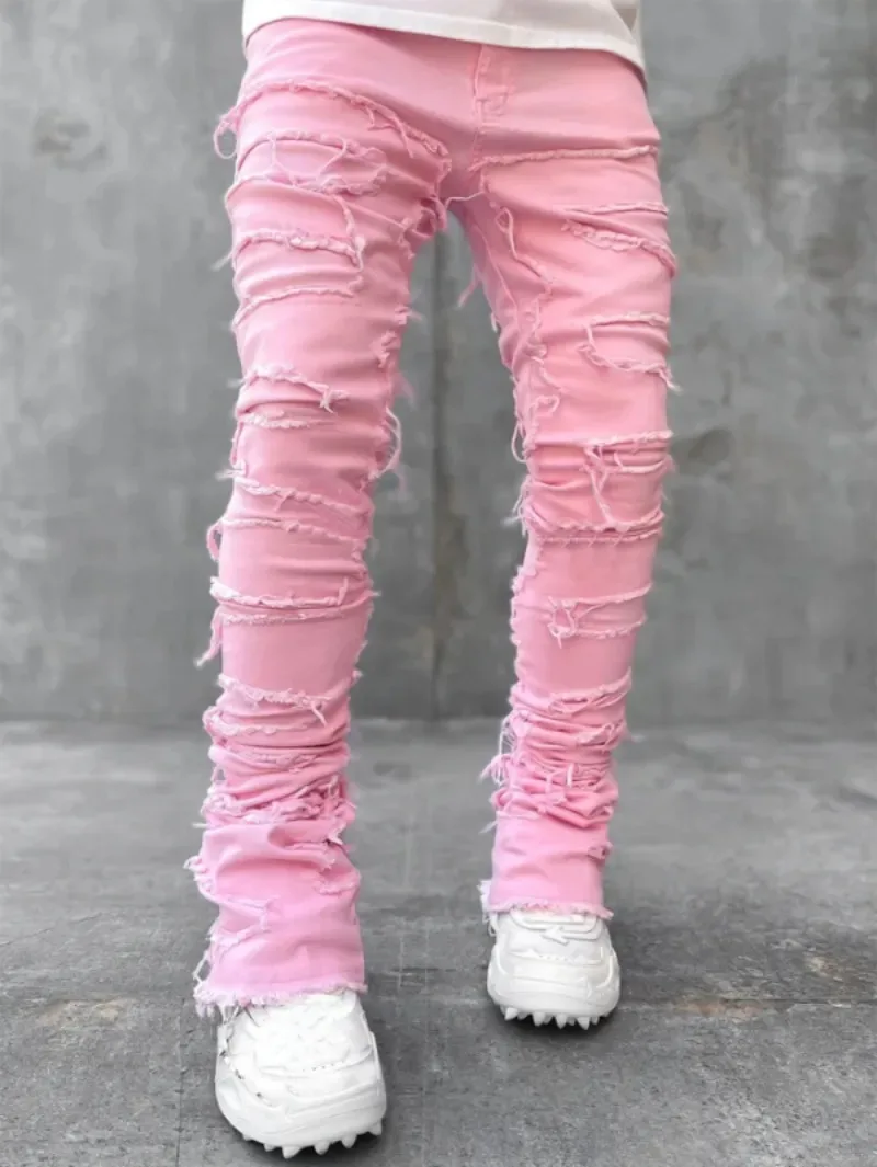 Patch denim straight-leg pants retro jeans street fashion ins explosive style elastic new men's fashion retro denim trousers