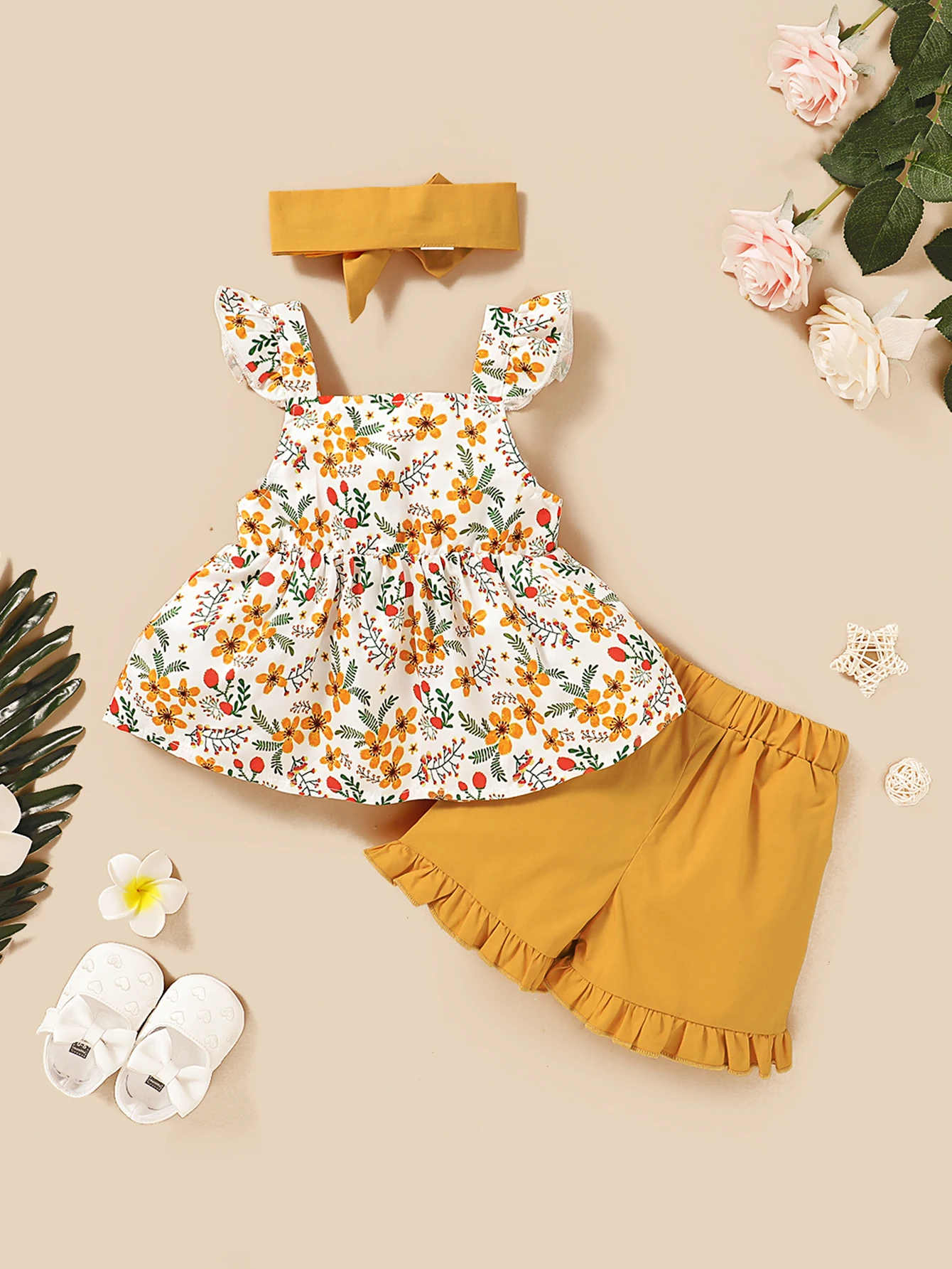 Ropa Para niña pequeña, Top con tirantes florales y pantalones cortos, traje de 3 piezas, conjunto de moda