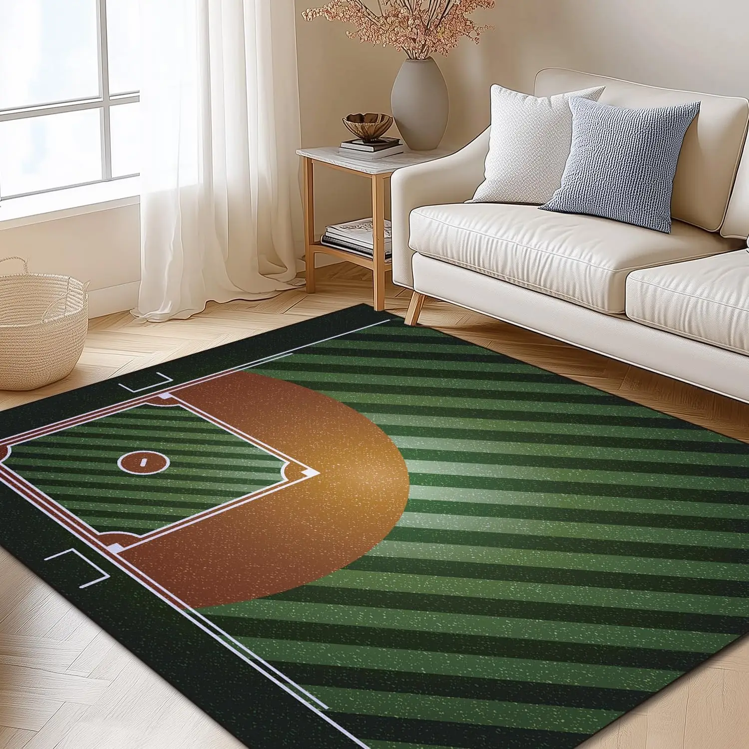 Baseball Field Area Rug, Washable Non Slip Carpet for Kids Bedroom Living Room, Versatile Sports Home Decor