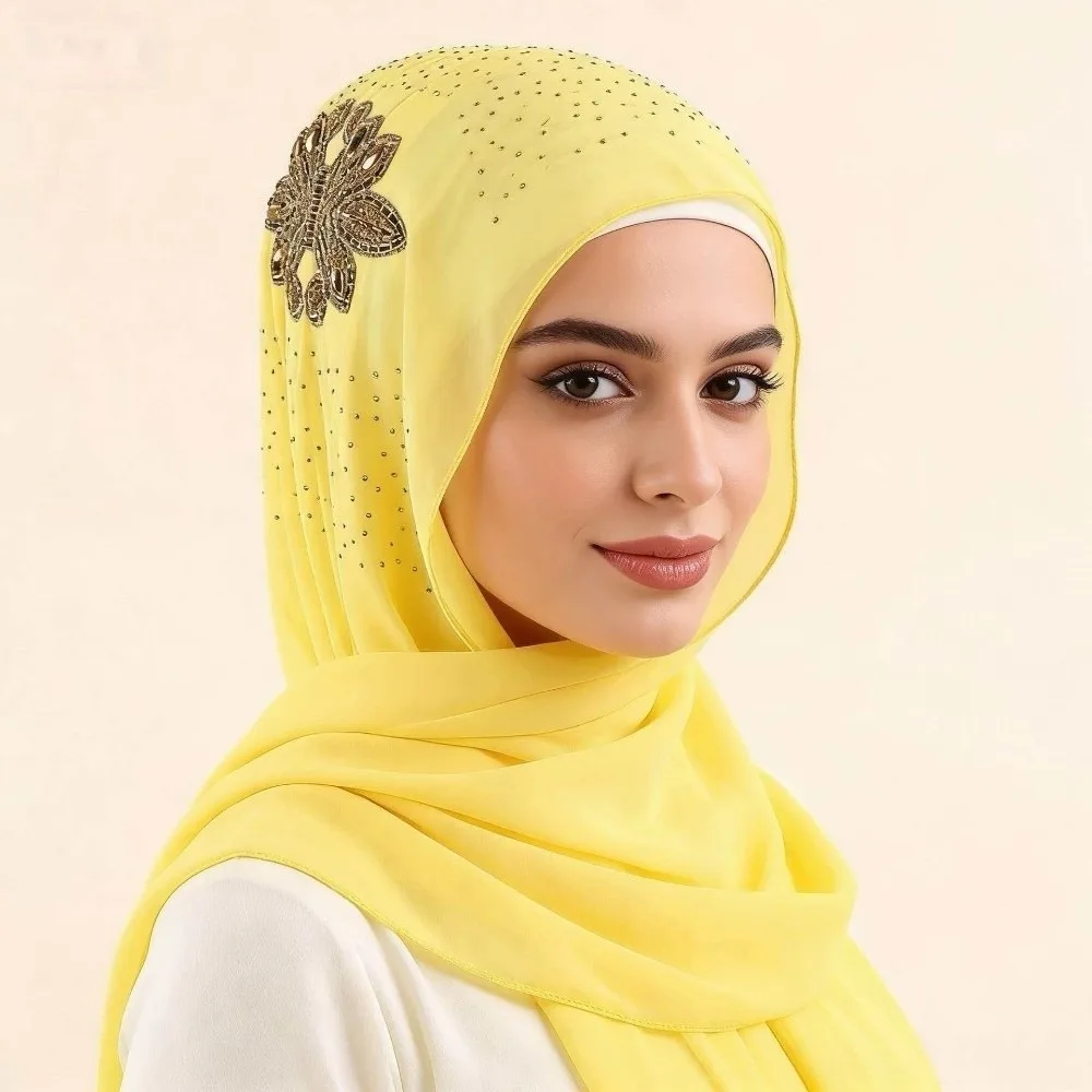 Shiny Chiffon Hijab Light Luxury Solid Color Sequin Embellished Headscarf Rhinestone Flower Decor Breathable Head Wrap Turban