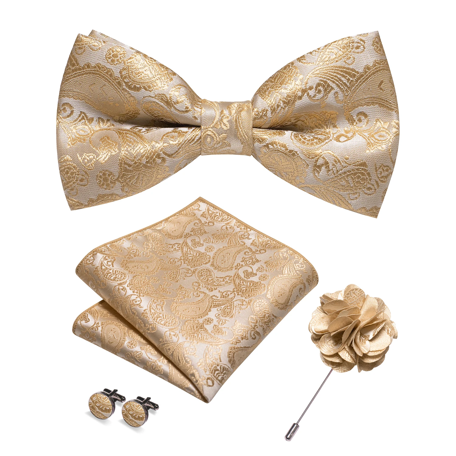 Champagne Silk Jacquard Paisley Mens Bow Tie Brooch Hanky Cufflinks Set Pre-tied Butterfly Knot Bowtie for Male Wedding Business