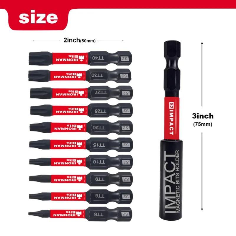Conjunto de pontas de chave de fenda Torx IRONMAN2 polegadas T6-T40, broca de estrela de liga de aço S2 magnética resistente de impacto com base