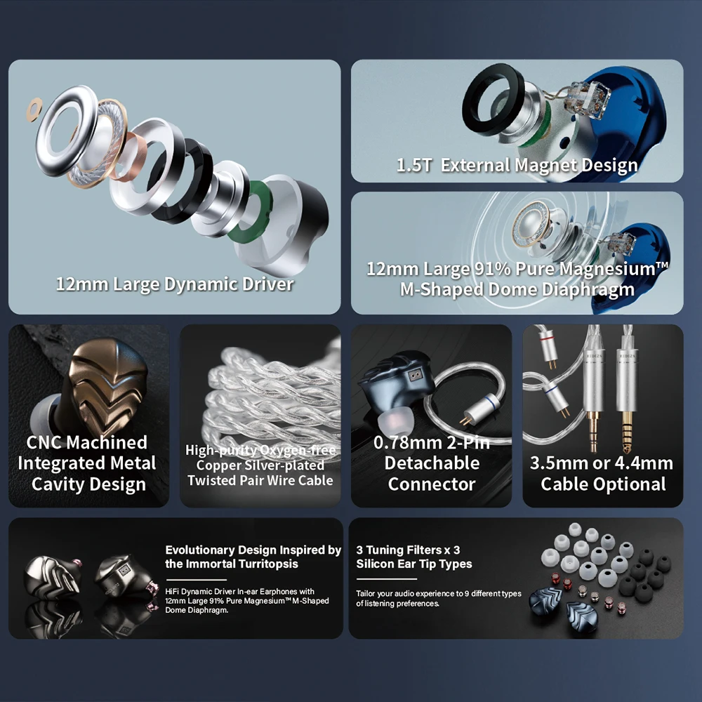 HIDIZS MK12 Turris 12 مللي متر 91% غشاء مغنيسيوم نقي HiFi داخل الأذن شاشات سماعة IEM 0.78 مللي متر سماعات أذن سلكية صوتية عالية الدقة