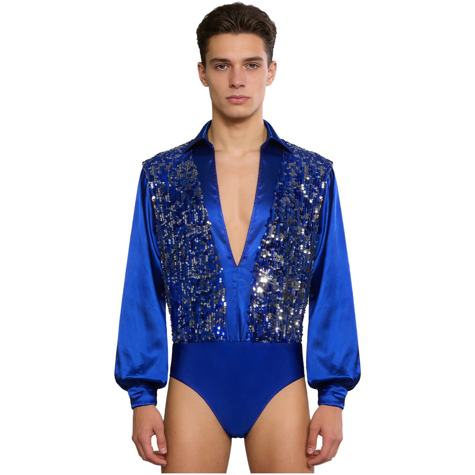 

Мужской боди для латиноамериканских танцев, балета и вальса, с блестящим пайеточным лифом, атласными длинными рукавами и застежкой на пуговицах, танцевальная одежда