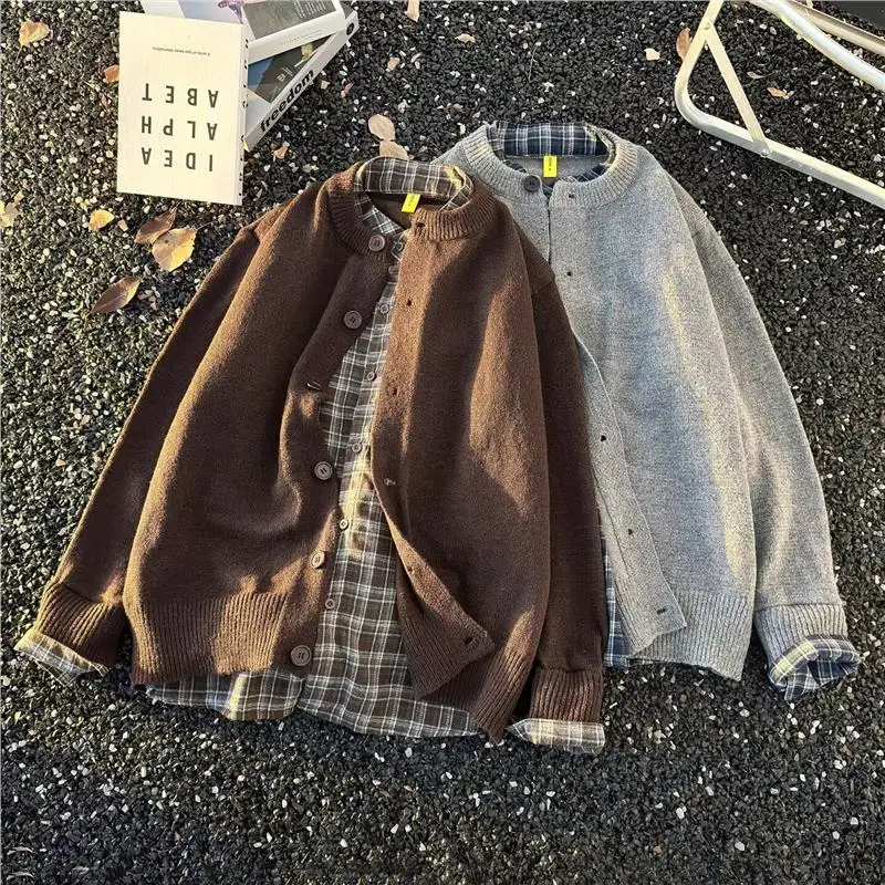 

Мужской высококачественный вязаный свитер на пуговицах с длинными рукавами, в стиле пэчворк, с клетчатым узором, комфортный крой, тонкий, зимняя верхняя одежда