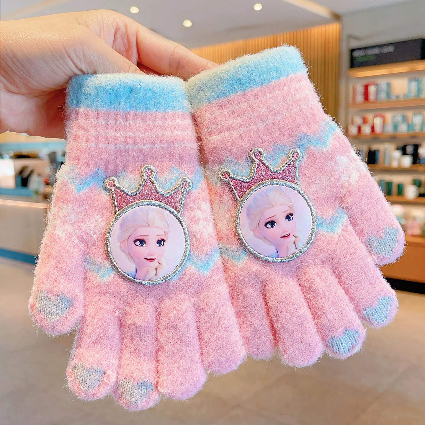 قفازات الأصابع الجليدية والثلج الأميرة إلسا فتاة محبوكة الكرتون الشتاء الدافئة خمسة أصابع قفازات شاشة اللمس للأطفال #5