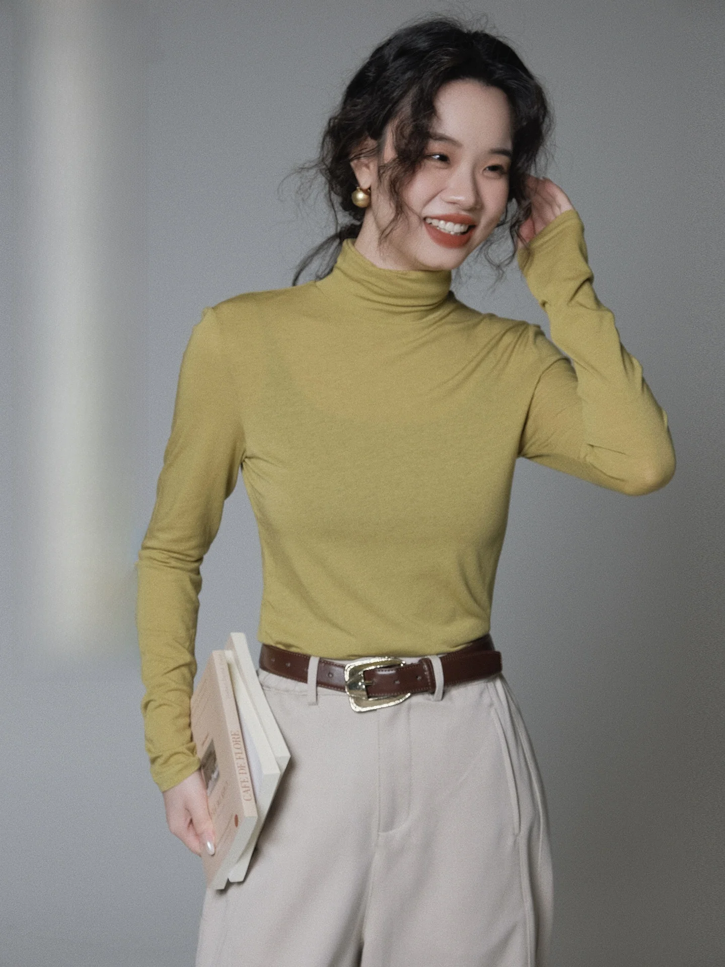 

Женский тонкий шерстяной лонгслив IVY YANG с высоким воротником, однотонный, микроэластичный, приталенный, повседневный, зимний топ