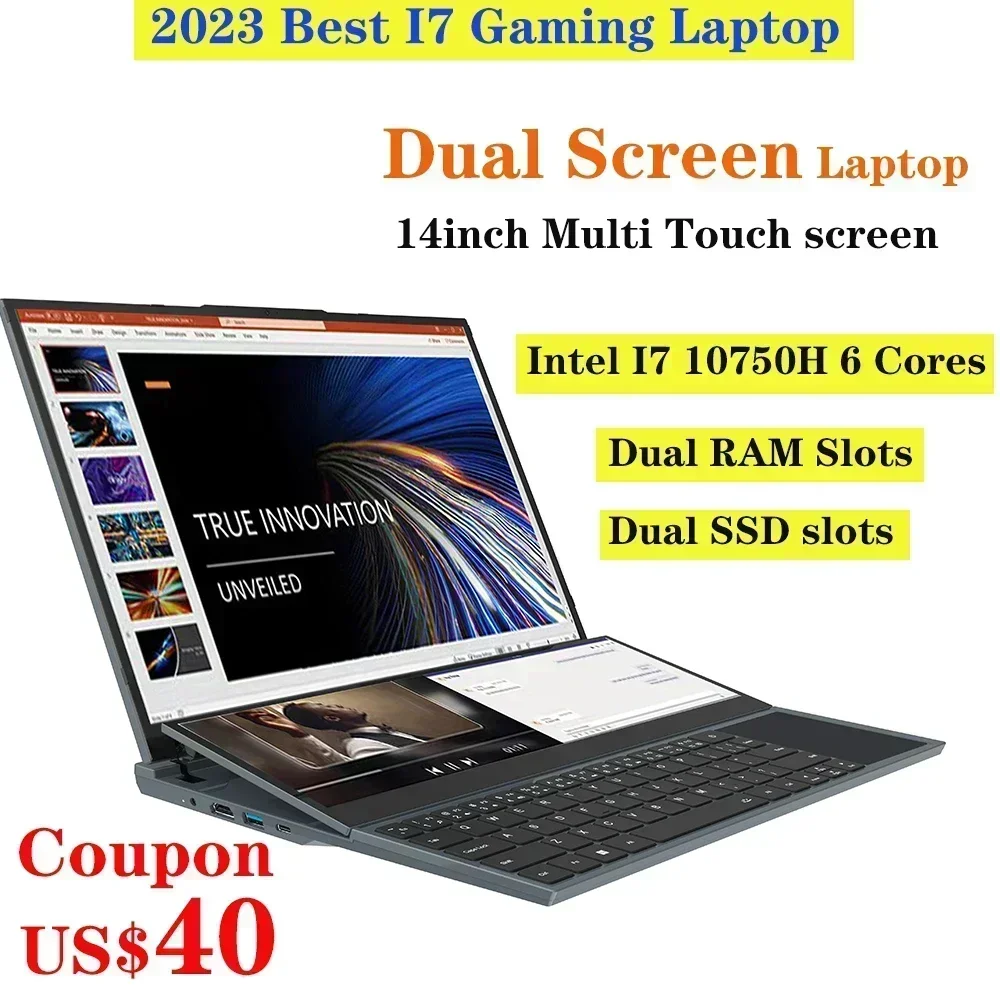 Laptop layar ganda, Notebook bermain game layar ganda 14 inci LCD 32GB/16GB/8GB RAM 2TB/1TB/512GB SSD I7 generasi ke-10