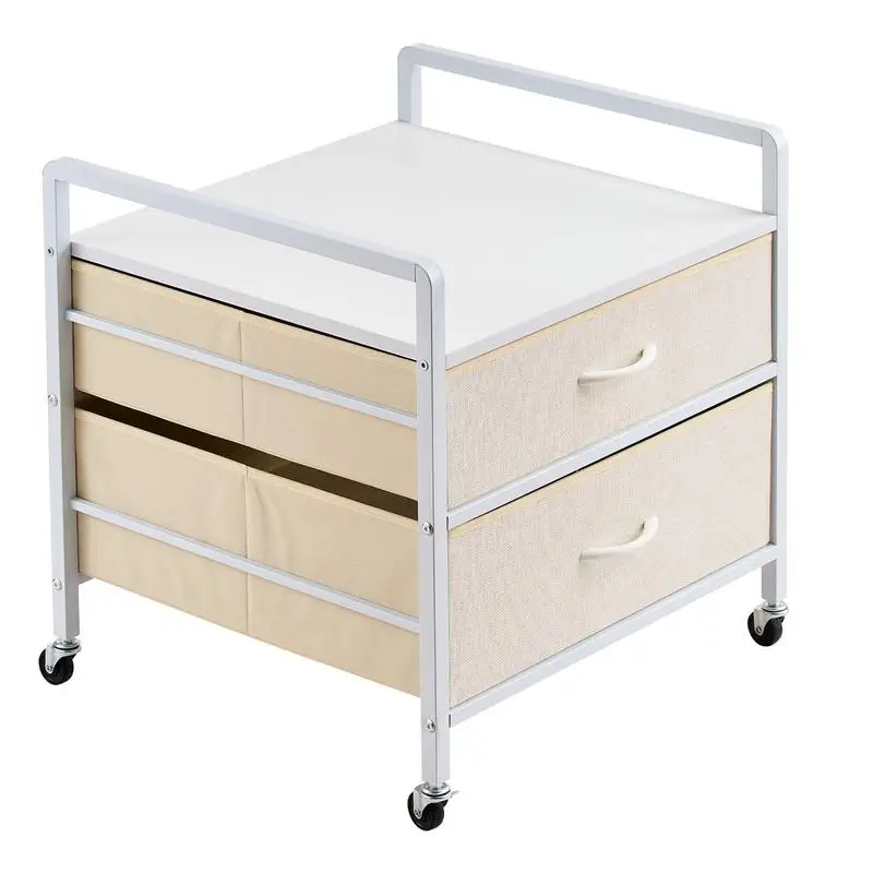 

Small Refrigerator Cart 20 x 20 x 18 Inches For Dorm Apartment Office, 176lb Capacity 2 Fabric Drawers 4 Swivel Wheels White Metal Frame Mobile Storage Organizer Rack