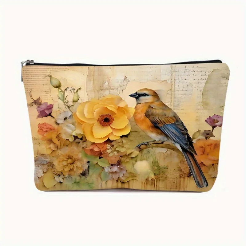 Kosmetyczka w stylu retro z kwiatowym wzorem i ptakami - urocza, wielofunkcyjna saszetka na zamek błyskawiczny, etui na biżuterię, idealna podróżna mała kosmetyczka na zamek.
