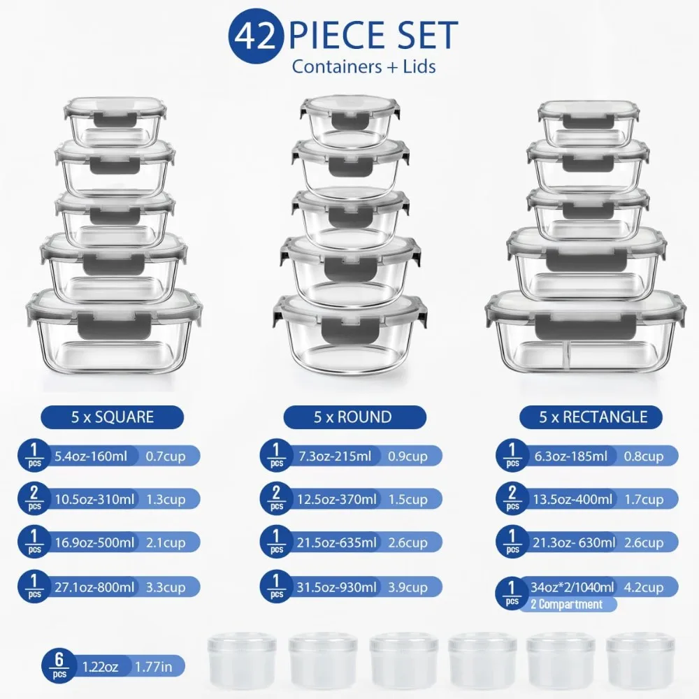 42pcs Glass Food Storage Containers with Lids Set, 21 Containers & 21 Lids Include One 2 Compartments Glass Meal Prep Containers