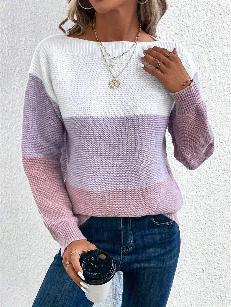 Elegant Three-color Patchwork Sweater Women Daily Commuter Casual Loose Jumpers Female Autumn Winter Knitted Thickened Warm Tops