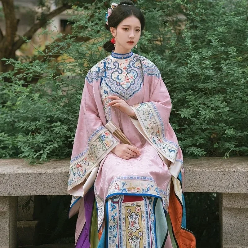 Ancient Chinese Style Women Costumes Pink Print Crewneck Large Sleeves Top Colorful Horse Faced Skirt Two Piece Hanfu Set