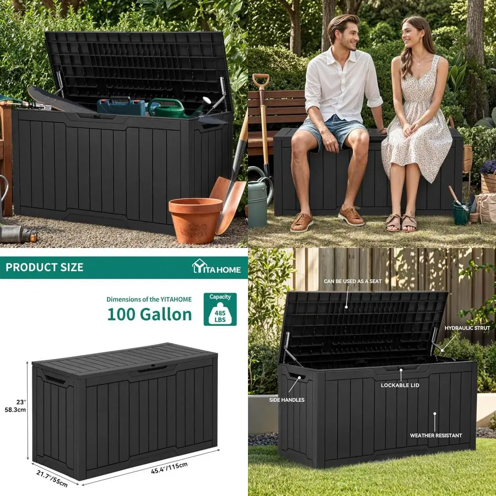 Weatherproof 100 Gallon Outdoor Storage Box, Lockable Deck Box for Supplies, Resin Material, Suitable for Indoor and Outdoor Use