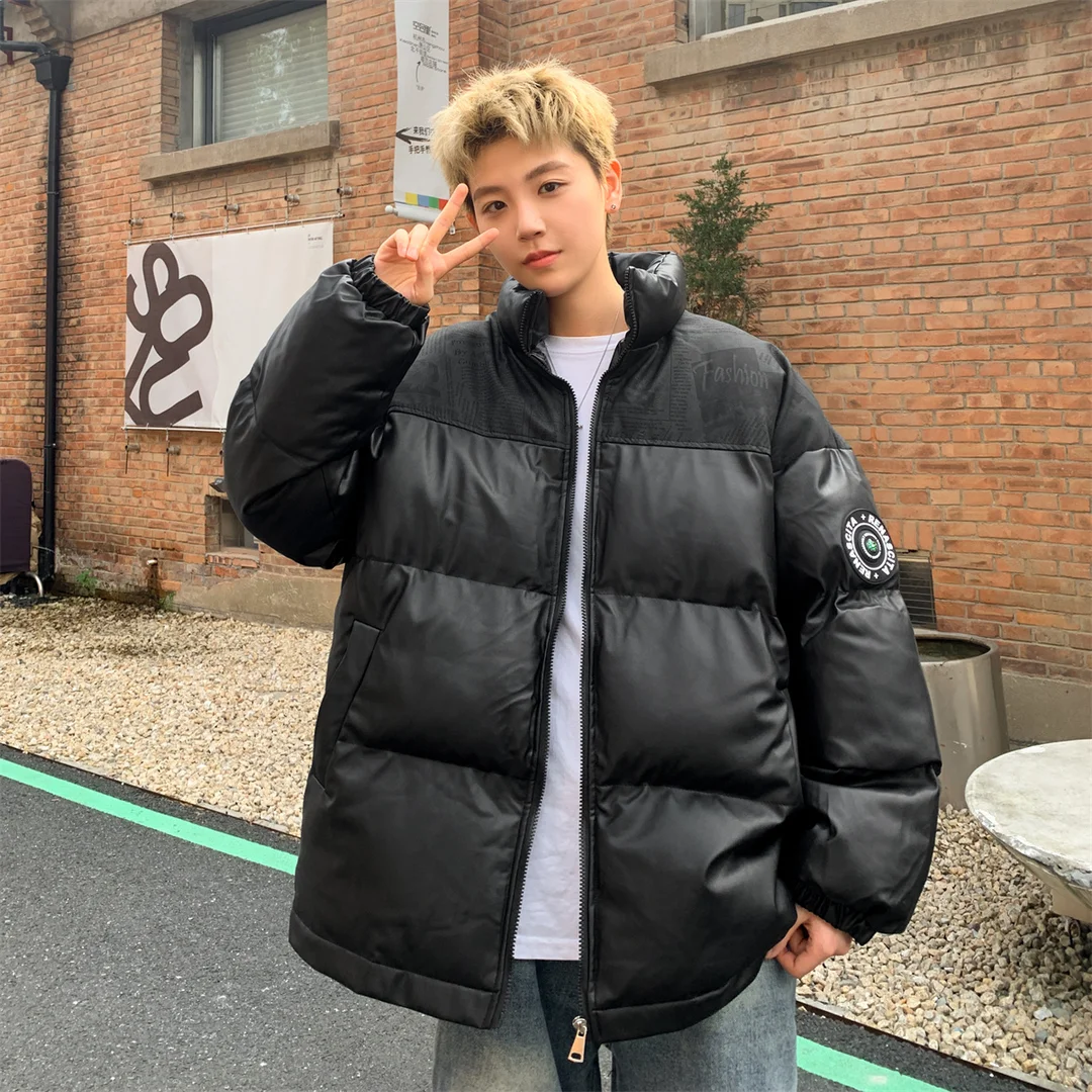 

Trendy Men's Thiened PU Leather Cotton Jaet Winter Loose Versatile Bread Sle American Cotton Coat Stand Collar Zipper