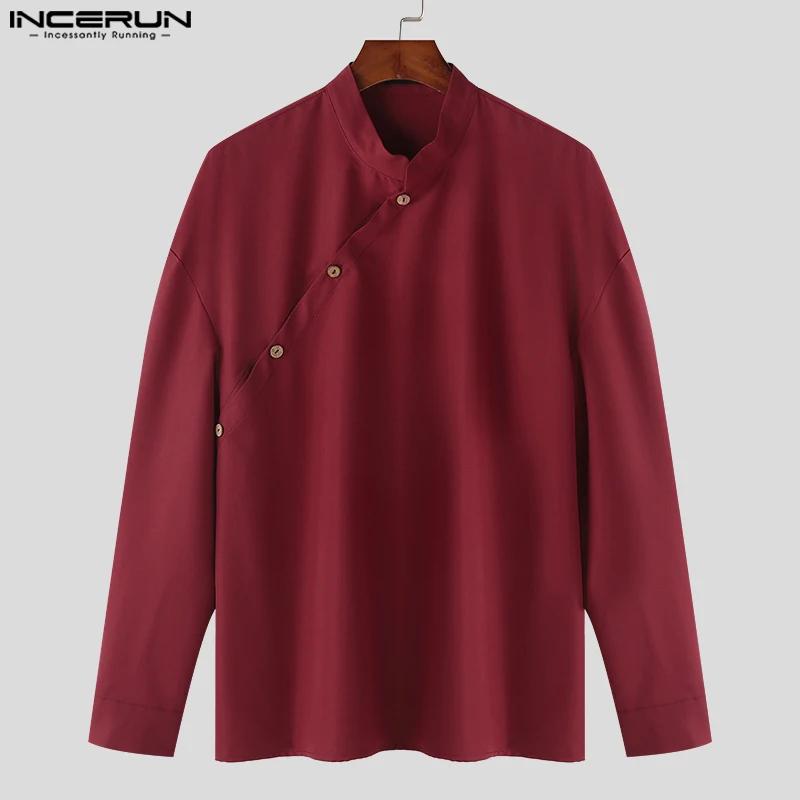 Handsome Well Fitting Tops INCERUN Mens Stand Collar Slanted Placket Design Shirt Casual Stylish Solid Long Sleeved Blouse S-5XL