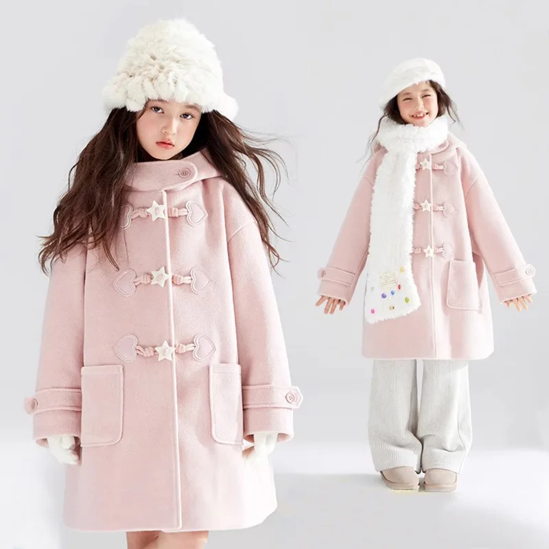 YBFSKID Cotton Padded Kid Girl Trench Coat Star Button Warm 4-12Y Girl Mid-length Coat Winter Junior Girls Hooded Pink Outerwear