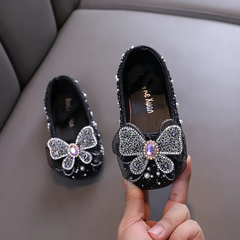 Girls Pearl Princess Shoes Student Spring Autumn New Children Glitter Bow Shoes Kids Wedding Party Leather Shoes J314