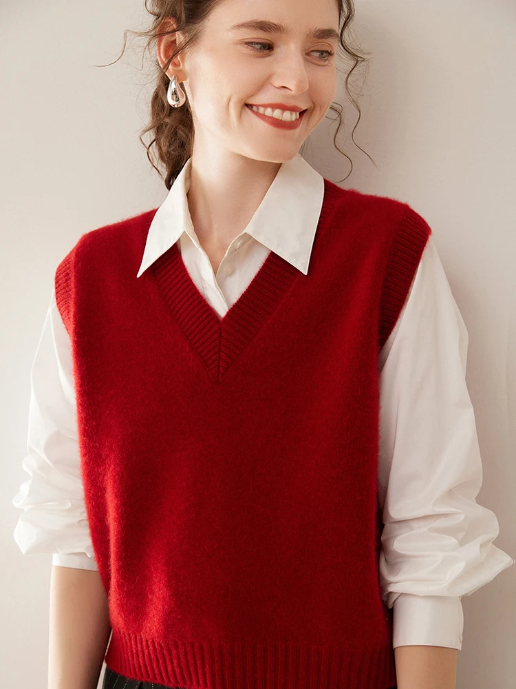 Feminino outono inverno sem mangas com decote em v pulôver colete 100% camisola de caxemira básico macio colete estilo coreano topos