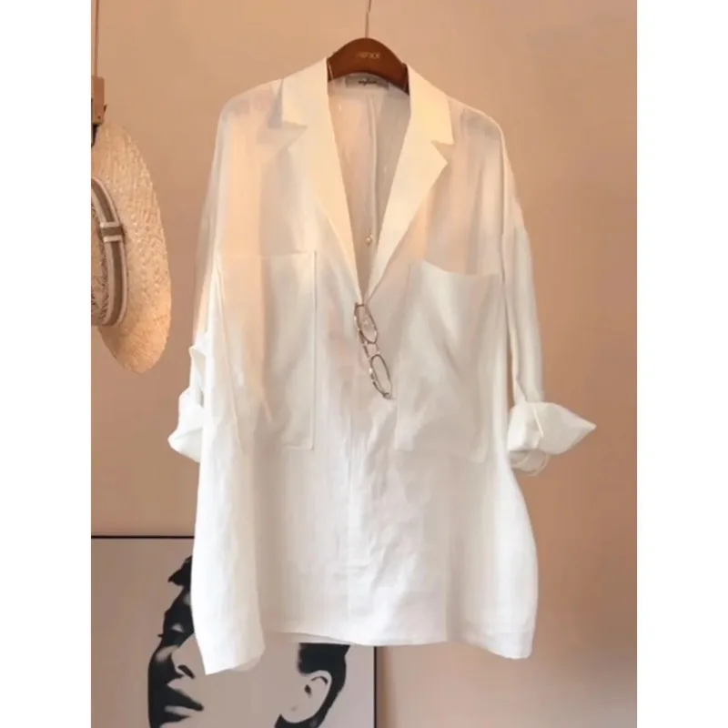 

Women's French Style Linen Blouse Spring Autumn New Old Money Style Casual Elegant Oversized Outerwear