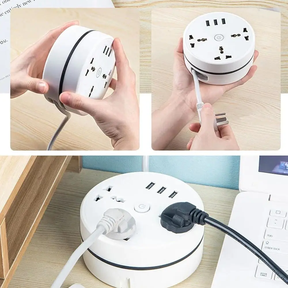 LED Light Universal Power Strip Portable 2500W 10A Round Extension Socket Rollable Extension Cord ABS Power Strip Plug Travel